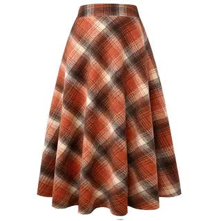 IDEALSANXUN Damen Karierte Wollröcke, elastische Taille, A-Linie, plissiert, Schottenkaro, Lange Röcke, Lange Orange, Mittel