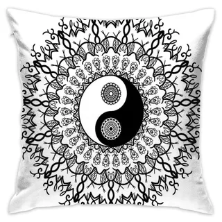 Ying Yang Throw Pillow Cover, Vintage Yin Yang Mandala, Ethnic Motivational, Orientalisches Bohemian Design, dekorativ, quadratischer Akzent-Kissenbezug, 45,7 x 45,7 cm, QueenFull Black White 2