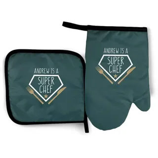 Personalisierte Ofenhandschuhe mit Name Hitzebeständig Topflappen Handschuh Topfhandschuhe Baumwolle lustige Grill Zubehör Kitchen Tools Griffschutz Geschenk für Familie Freundin grün