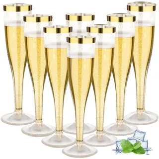 ZkateTrade 50 Stück Sektgläser Plastik, 150ml Champagner Gläser mit Goldrand und Goldglitter aus Kunststoff, Sektglas Plastik Mehrweg für Mimosa Bar Hochzeit Party Picknick im Freien