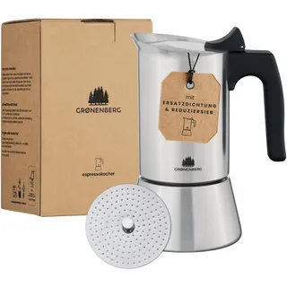 Groenenberg Espressokocher Induktion + Reduziersieb I Edelstahl Mokkakanne 4 oder 6 Tassen Espresso I Espressokanne inkl. Ersatzdichtung