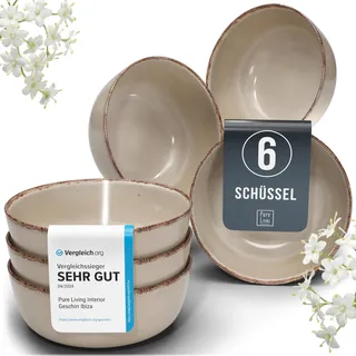 Steingut Müslischalen 6 Personen Rustic TESTSIEGER, Hochwertiges Landhaussttil Steingut Müsli Schüssel Set, Kleine Schüssel, Müslischale - Pure Living in Beige