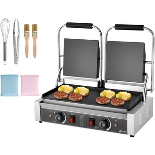 VEVOR kommerzieller Kontaktgrill 3600 W Elektrogrill Sandwichmaker (Doppelbackplatten) Panini Presse aus Edelstahl mit Temperaturregelung, 48 x 23 cm flache Emailleplatte, für Hamburger Steak Speck