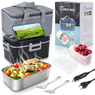 Romon Elektrische Lunchbox,1.8L Lunchbox Thermo,3 in 1 12V/24V/220V Heatsbox Schnell 75W Essensbox Warmes Mittagessen,Tragbare Edelstahl Wärmeboxen Lunch Boxen für Essen Lkw Auto Büro Arbeit,Schwarz