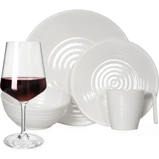 Melamin Camping Geschirr Set 4 Personen Crema Design 16 Teilig + Milano Gläser Rot Weingläser Tafelgeschirr Picknick BBQ Kochgeschirr