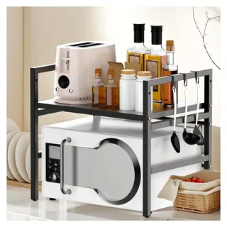 Mikrowellenregal aus Stahl, stehend, 2-stufig, erweiterbar und höhenverstellbar mit 6 Haken, platzsparendes Küchenregal, 25 kg pro Ebene