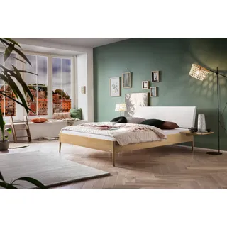 Hasena Massivholzbett, Kopfteil gepolstert Sestola, Farbe: Eiche bright, geölt, Bezugsfarbe: Kul white, verschiedene Größen - 20 cm/180 x 210 cm