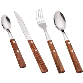 Besteck-Set mit Holzgriff| Edelstahl Besteck glänzend | inkl. Gabel, Löffel, Stahl, 4-teilig |Modernem und Schlichtem Design