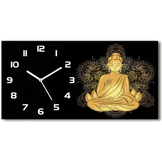 Wanduhr aus Glas – 60x30 cm - Glasbild - Glasuhr - Gehärtetes Glas - weisse-zeiger - Sitzender Buddha - Weiß