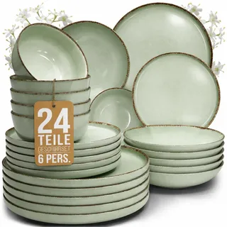 Steingut Geschirrset 6 Personen Rustic 24 tlg. TESTSIEGER, Hochwertiges Landhaussttil Steingut Geschirr Set, Schüssel- und Teller Set, Tafelservice 6 Personen, Geschirrsets Pure Living in Mintgrün