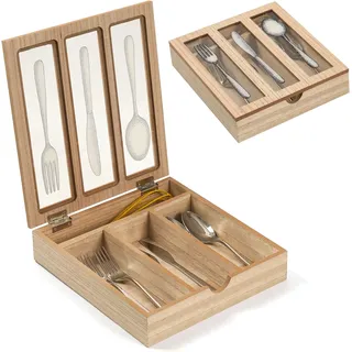 JUJOYBD Besteckkasten mit Deckel aus Holz 4 Fächern, Rustikal