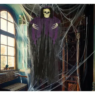 Fiestas Guirca | Skelett mit Tunika Hängedekoration (90 cm) - Gruselige Halloween Dekoration zum Aufhängen für Partys oder im Spukhaus - Horror Skelett Hängefigur Schwarz und Lila