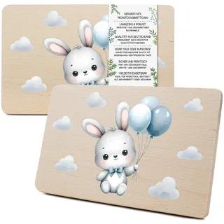 Yabaduu Individuelles Holzbrett für Kinder 23,5x15cm Frühstücksbrettchen Brotzeitbrett personalisiert aus Holz Tier-Motiv als Geschenk Geburtstag Kind RV007 (02 Hase blau, Ohne Wunschname)