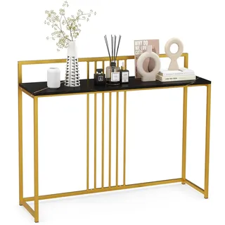FANTASK Beistelltisch mit Marmor-Optik, Konsolentisch schmal mit goldfarbenem Metallrahmen, Flurtisch modern für Eingangsbereich Wohnzimmer Schlafzimmer, Schwarz