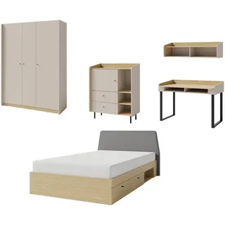 Deine Möbel 24 Jugendzimmer Albi 2 in Sandbeige / Geölte Eiche 5-teilig , Beige, Eichefarben , Holzwerkstoff , 607x195x137 cm , Babymöbel & Kindermöbel, Kinderzimmer & Jugendzimmer, komplette Jugendzimmer