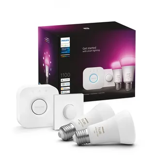 Philips Hue White & Color Ambiance Starter Set E27 Lampen 2-er Pack (1100), Smart Button + Hue Bridge, 16 Mio. Farben per Sprache und App steuerbar