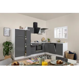 Winkelküche Amanda L-Form E-Geräte 290 x 200 cm grau hochglänzend/weiß