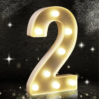 Silberfarbene Glitzer-Dekoration mit LED-Licht, Zahl 2, geeignet für Geburtstagsparty-Dekoration, Babyparty, Hochzeitshintergrund, Heimdekoration, 21,6 cm, silberfarbene Zahl 2 (warmweiß)