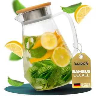 CLIDOR Wasserkaraffe - 1,5 Liter, verstärkte Glasstärke, Karaffe für Heiß- & Kaltgetränke geeignet, Tropffreier Ausguss, moderne Glaskaraffe, Teekanne Glas, robuste Glaskaraffe mit Deckel (1500ml)