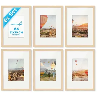 PHOTOLINI Bilderrahmen A4 Natur Holz MDF, 6er Set DIN A4 21x30 cm Rahmen | Foto Rahmen mit Passepartout zum Aufhängen & Aufstellen, Rahmen 21 x 30 mit Acrylglas, Bilderrahmen Collage 30x21 Poster