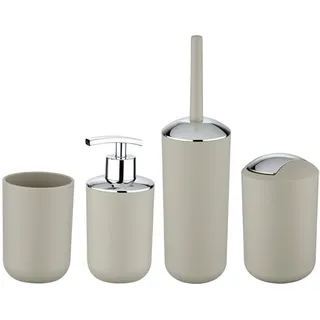 Bad-Accessoire Set Mod. Brasil, 4-teilig bestehend aus Zahnputzbecher, 320 ml Seifenspender, Kosmetikeimer 6,5 Liter & WC-Garnitur inkl. WC-Bürste, aus bruchsicherem Spezialkunststoff, Taupe
