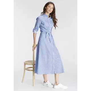 Blusenkleid DELMAO, Damen, Gr. 34, N-Gr, blau (blau, weiß), Web, Obermaterial: 60% Baumwolle, 38% Polyester, 2% Elasthan, bedruckt, geringelt, gestreift, figurumspielend lang, Kleider Blusenkleid, festliche Anlässe, lang, klassisch und seriös, aus Baumwolle, Topseller
