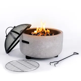 Relaxdays Feuerschale, Ø Schale 44 cm, Funkenschutz, Schürhaken, Steinoptik, Stahl, Feuerstelle Garten, grau/schwarz