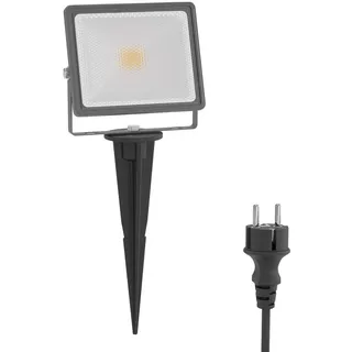 ledscom.de LED Gartenstrahler FLIN mit Erdspieß & Stecker für außen, Scheinwerfer, grau, IP66 wasserfest, 10,923W 837lm warm-weiß