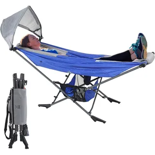 MOCK ONE Hängematte mit Gestell und Verstellbarem Sonnenschutz, Hängematte Outdoor mit Gestell Klappbar mit Stahlrahmen für Garten, Camping, Strand, Blau