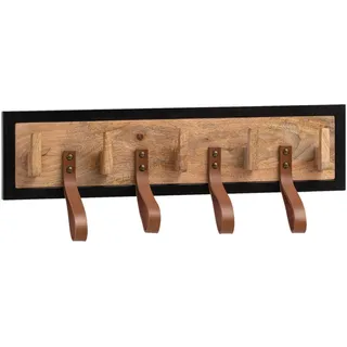 Mid.you Wandgarderobe , Braun, Schwarz , Holz, Metall, Leder , Echtleder , Büffelleder , Mangoholz , massiv , 60x15x6 cm , Garderobe, Garderobenpaneele, Wandgarderobe
