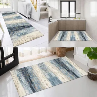 OFOFNG Läufer Flur Küche Waschbar rutschfest 100x250cm Modern Blau Braun Lang Küchenteppich Flurteppich Teppich Fur Korridor Wohnzimmer Schlafzimmer Meterware Anpassbar