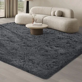 JOJOSEE Hochflor Teppich Wohnzimmer, 200 x 300 cm Anti-Rutsch Wohnzimmerteppich, Waschbarer Flauschiger Teppich für Schlafzimmer & Kinderzimmer, Grau