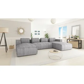 S-STYLE MÖBEL - Moderne Wohnlandschaft Bello aus Hellgrau Cord mit weichem Sitz, B/T/H: 327 cm / 176 cm / 64 cm - Grau