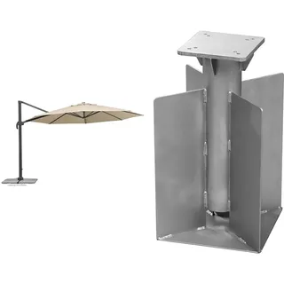 Schneider Sonnenschirm Rhodos Grande, natur, 400 cm rund, 789-02 & Universal-Bodenanker für Ampelschirme, 897-50, zum Eingraben oder Einbetonieren, 8.4 kg, silbergrau