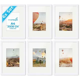 PHOTOLINI Bilderrahmen A4 Weiß Holz MDF, 6er Set DIN A4 21x30 cm Rahmen | Foto Rahmen mit Passepartout zum Aufhängen & Aufstellen, Rahmen 21 x 30 mit Acrylglas, Bilderrahmen Collage 30x21 Poster