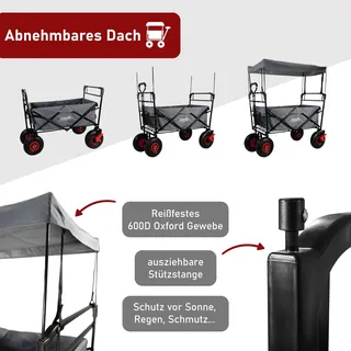 Bollerwagen faltbar mit Dach, grau, Handwagen mit 120 kg Zuladung, Leiterwagen mit Luftreifen - Grau