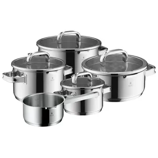 WMF Function 4 Advanced Topfset Induktion 5-teilig, Glasdeckel mit 4 Abgießfunktionen, Cromargan Edelstahl poliert, Induktionstöpfe, Innenskalierung, silber