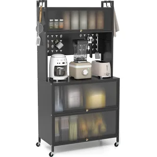 COSTWAY Küchenschrank, Küchenregal mit Rollen, Buffetschrank mit Klapptüren, Stecktafel, Haken & Kippschutz, Hochschrank, 80 x 40 x 160 cm, Schwarz - Schwarz