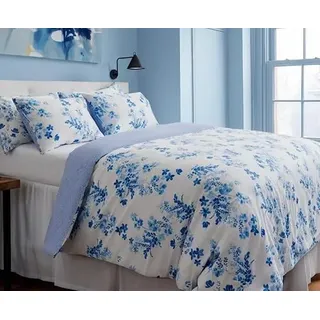 LERUUM Bettwäsche 135x200 100% Baumwolle Aesthetic Blau Streifen Blumen Reversibel Bettbezugen Set 1 x Kissenbezug 80x80 (2 teilig)