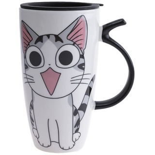 lachineuse - Happy Cat Tasse 600 ml - Große XXL Weiße Porzellantasse - Japanische Tee- & Kaffeetasse - Mit isoliertem Deckel - Kawaii Glückskatze Becher - Japan Asien Geschenkidee Tasse - Riesentasse