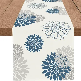 WHOMEAF Blaugrauer Tischläufer Dahlie Pinnata Blume Tischläufer Modern Elegant Pompon Bauernhaus Geometrische Tischdekoration für Zuhause Esszimmer Party Eingang (33 x 183 cm)