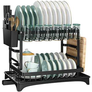 TAVADA Abtropfgestell Geschirr Schwarz,2-stufiges Geschirrabtropfgestell Edelstahl,Geschirrtrockner mit Utensilienhalter und Abtropfschale, Teller,Besteck,Dish Drainer,Getränkehalter für Kitchen