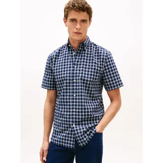 Kurzarmhemd TOMMY HILFIGER "FLEX POPLIN CHECK Regular Fit", Herren, Gr. M, N-Gr, carbon navy, check, Web, Obermaterial: 100% Baumwolle, kariert, regular fit normal, Rundhals, eingesetzt abgesteppte Kante, Hemden Kurzarmhemd, Button-Down-Kragen, Topseller