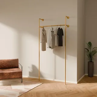 pamo Kleiderstange Wandmontage 120 kg Traglast – Offener Kleiderschrank | oder Kleiderständer industrial gold aus Metall Wasserrohren
