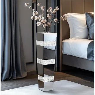 Bodenvase Große 71cm Hoch: Silberne Vase Kristall für Pampasgras, Glas verspiegelte Diamanten Blumenvase, rutschfeste Vasen für Wohnzimmer Esszimmer Corner Büro– Kein Wasserhalt