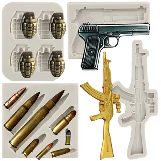 MYPRACS 4 Stück Pistolen Silikonform Pistole Maschinengewehr Fondantform Kugel Silikonformen für Kuchendekoration Cupcake Topper Schokolade Süßigkeiten Polymerton