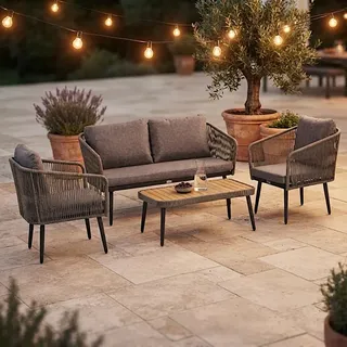 Gartenmöbel Set Sitzgruppe Rope Essgruppe Outdoor Gartenbank Gartentisch Grau - Grau, Schwarz