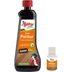 POLIBOY fixneu Politur dunkel - Möbelpolitur für dunkle lackierte Hölzer - farbauffrischende Holzpolitur - 500ml - Mit Produkt-Probe - Made in Germany