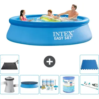 Intex runder aufblasbarer Easy Set-Schwimmpool – 305 x 76 cm – Blau – inklusive Pumpe Abdeckung - Wartungspaket - Filter - Staubsauger - Solarmatte - Bodenfliesen