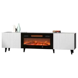 Mirjan24 TV-Lowboard Pafos 180 mit Kamin, Stilvoll Schlafzimmer Kollektion, TV-Schrank, Modern TV-Kommode (Farbe: Weiß / Schwarz Füße, mit Kamin Schwarz) - Weiß, Schwarz